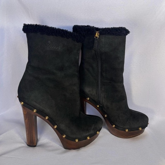 2007 Black / Wooden Leather Gucci Studded High Heeled Pump Boots n “Gucci” 37 - Picture 1 of 4